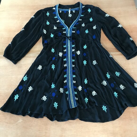 Free People Stargazer Mini Dress Women XS Blue Gauzy Embroidered Peasant 16920 - Picture 1 of 13